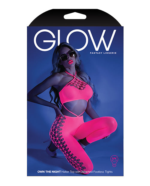 Glow Black Light Cropped Cutout Halter Body Stocking Neon Pink O/s