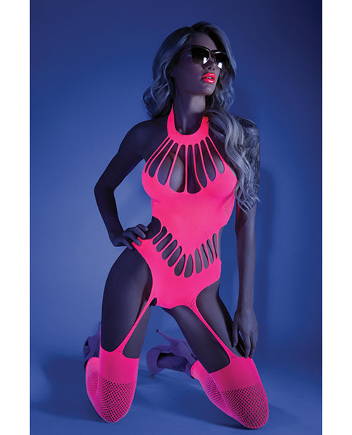 Glow Black Light Footless Teddy Body Stocking Neon Pink O/s