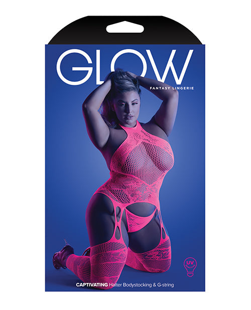 Glow Captivating Halter Body Stocking & G-string Neon Pink