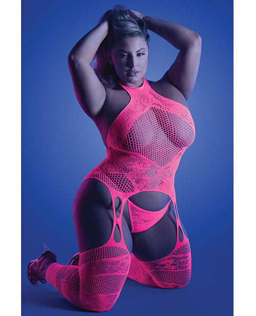 Glow Captivating Halter Body Stocking & G-string Neon Pink Queen