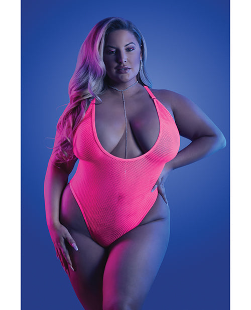 Glow Electric Haze Teddy W/ Thong Cut Back Neon Pink Q/s Queen