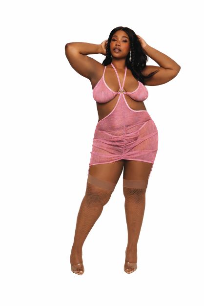 Iridescent Lurex Mesh Garter Slip & G-string Set Milkshake Pink