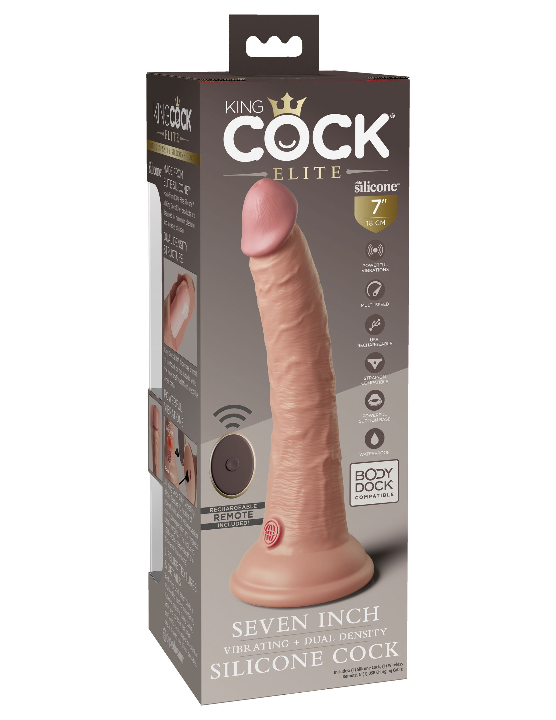 King Cock Elite 7 Inch Vibrating Silicone Dual  Density Cock With Remote - Light