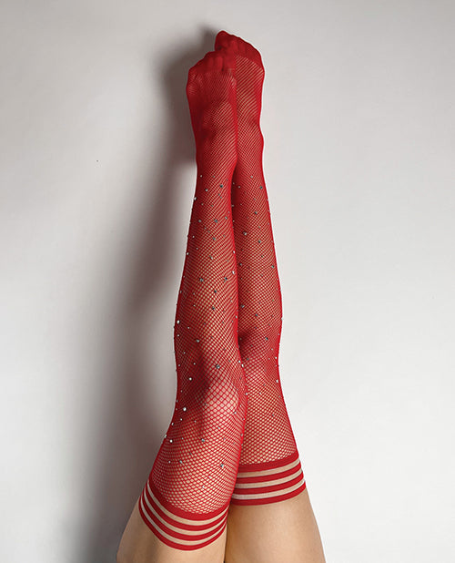 Kix'ies Joely Fishnet Rhinestone Thigh High Red B