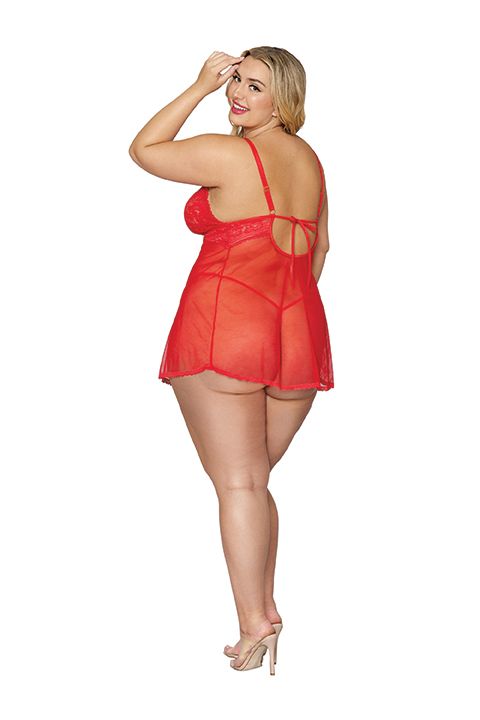 Lace & Mesh Babydoll & G- String Set Lipstick Red Q/s