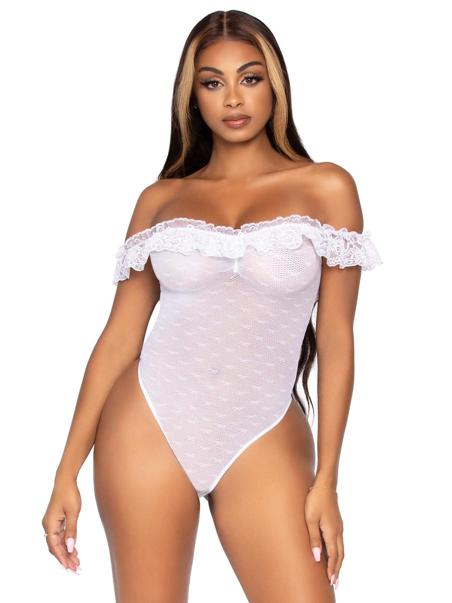 Lace Ruffle Snap Crotch Teddy - One Size - White