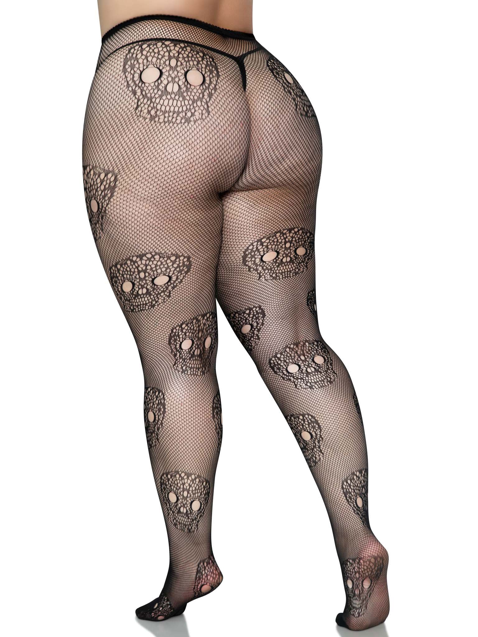 Lace Skulls Fishnet Tights - 1x/2x - Black