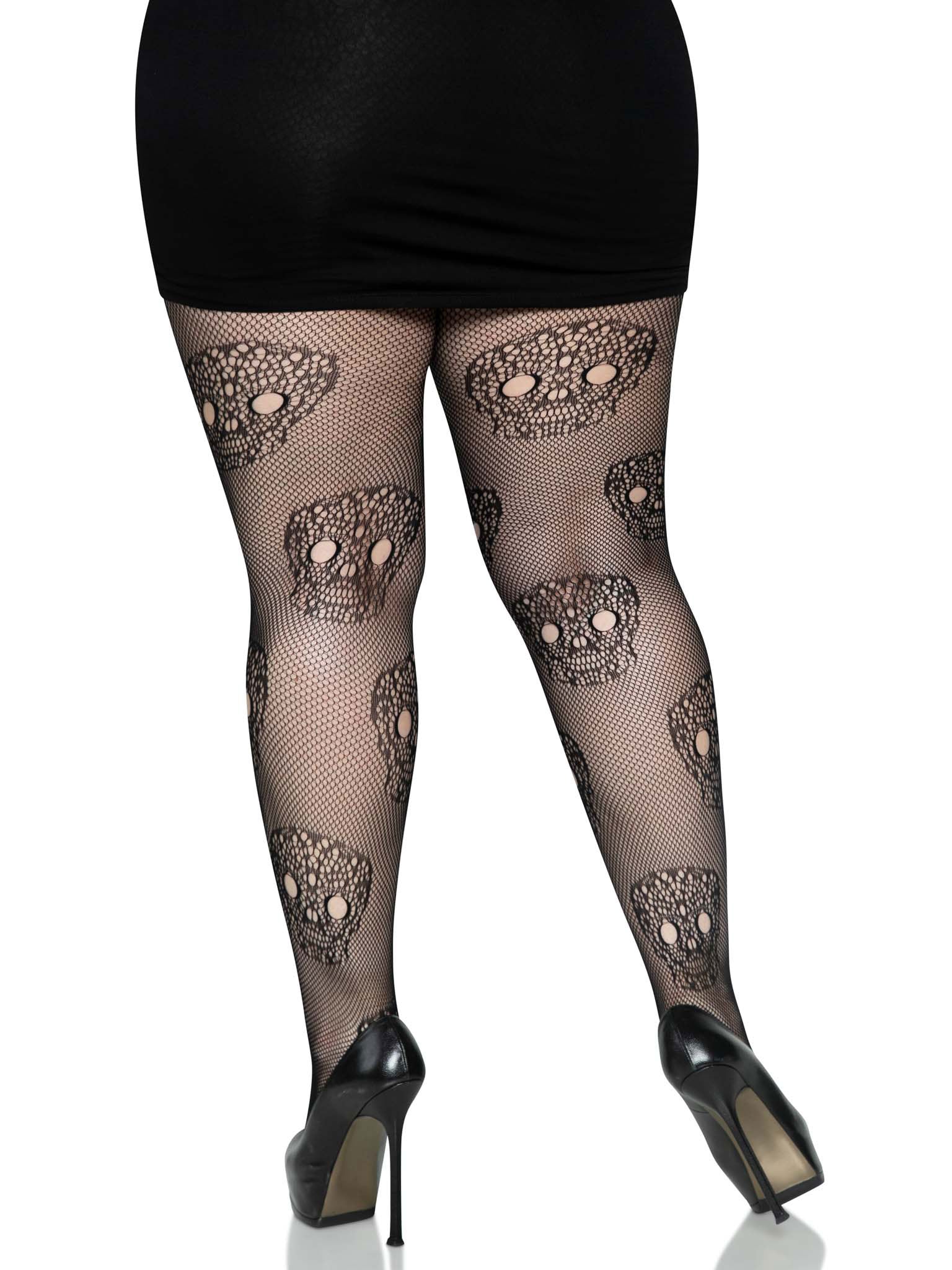 Lace Skulls Fishnet Tights - 1x/2x - Black