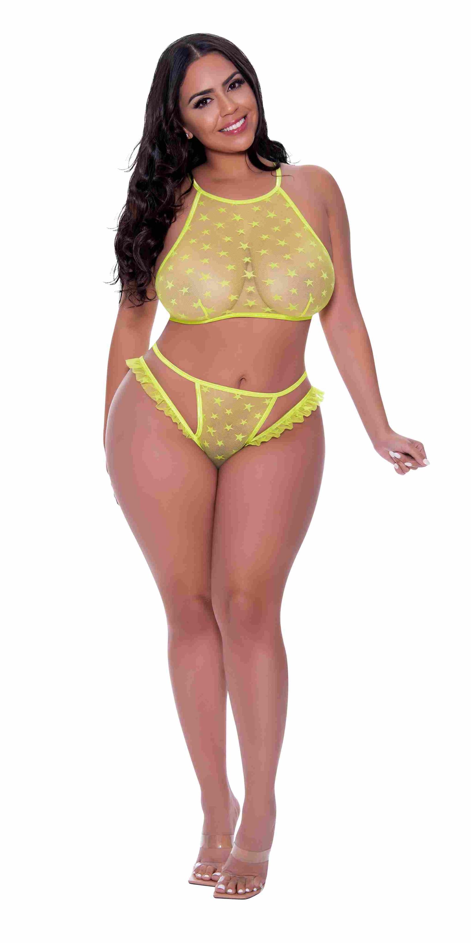 Love Star Halter Bra & Panty Set Chartreuse 2XL