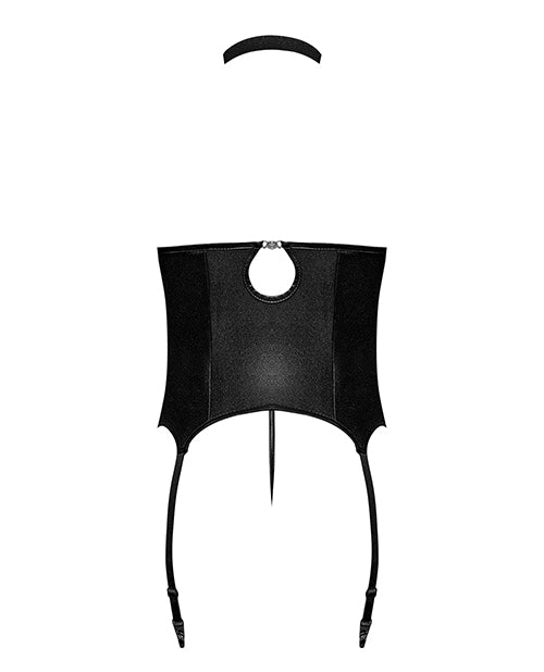 Lust Mistress Cupless Corset W/velcro Choker Collar, Metal Garters & G-string Black