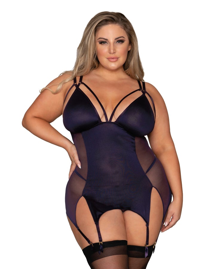 Microfiber & Mesh Garter Slip Eggplant Queen size/ Small