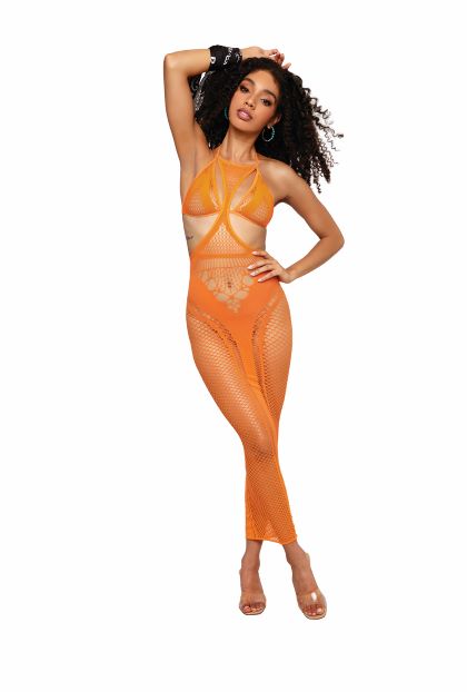 Multi-net Seamless Gown W/ Opaque Details Tangerine O/s