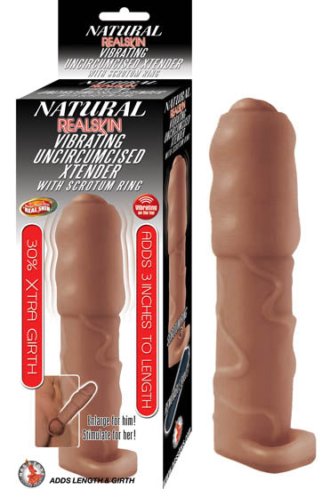 Natural Realskin Vibrating Uncircumcised Xtender W/ Scrotum Ring Brown