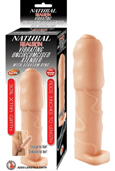 Natural Realskin Vibrating Uncircumcised Xtender W/ Scrotum Ring Flesh