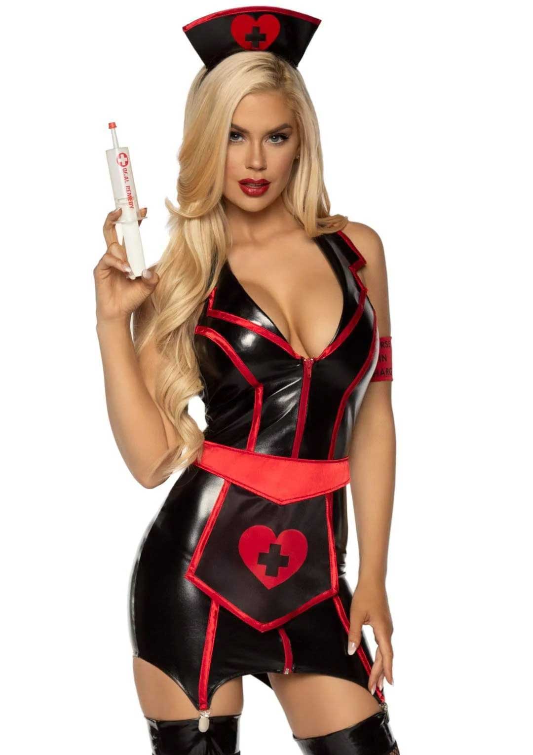 Naughty Nurse Costume - - Black/red