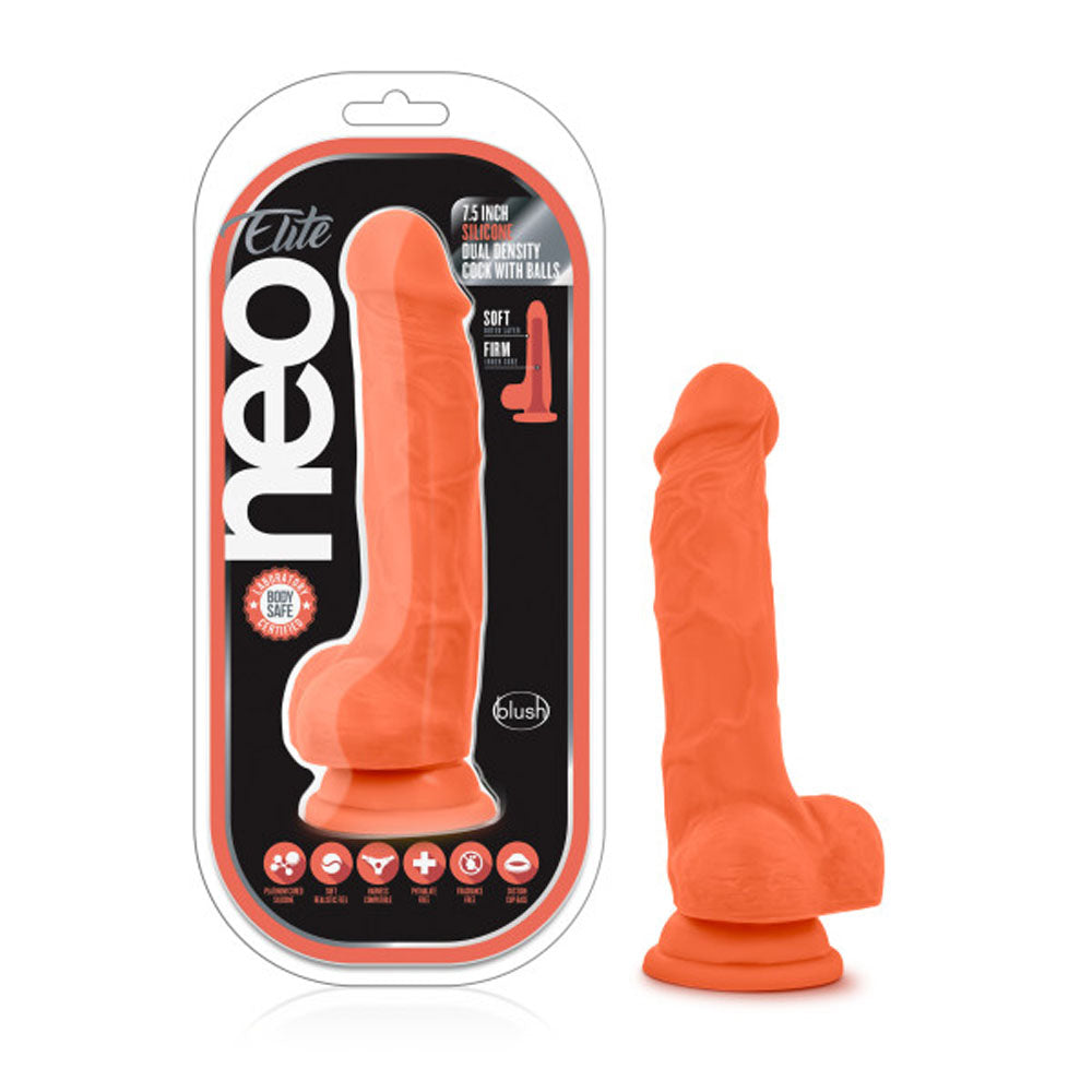 Neo Elite 7.5in Silicone Dual Density Cock Dildo W/ Balls Neon