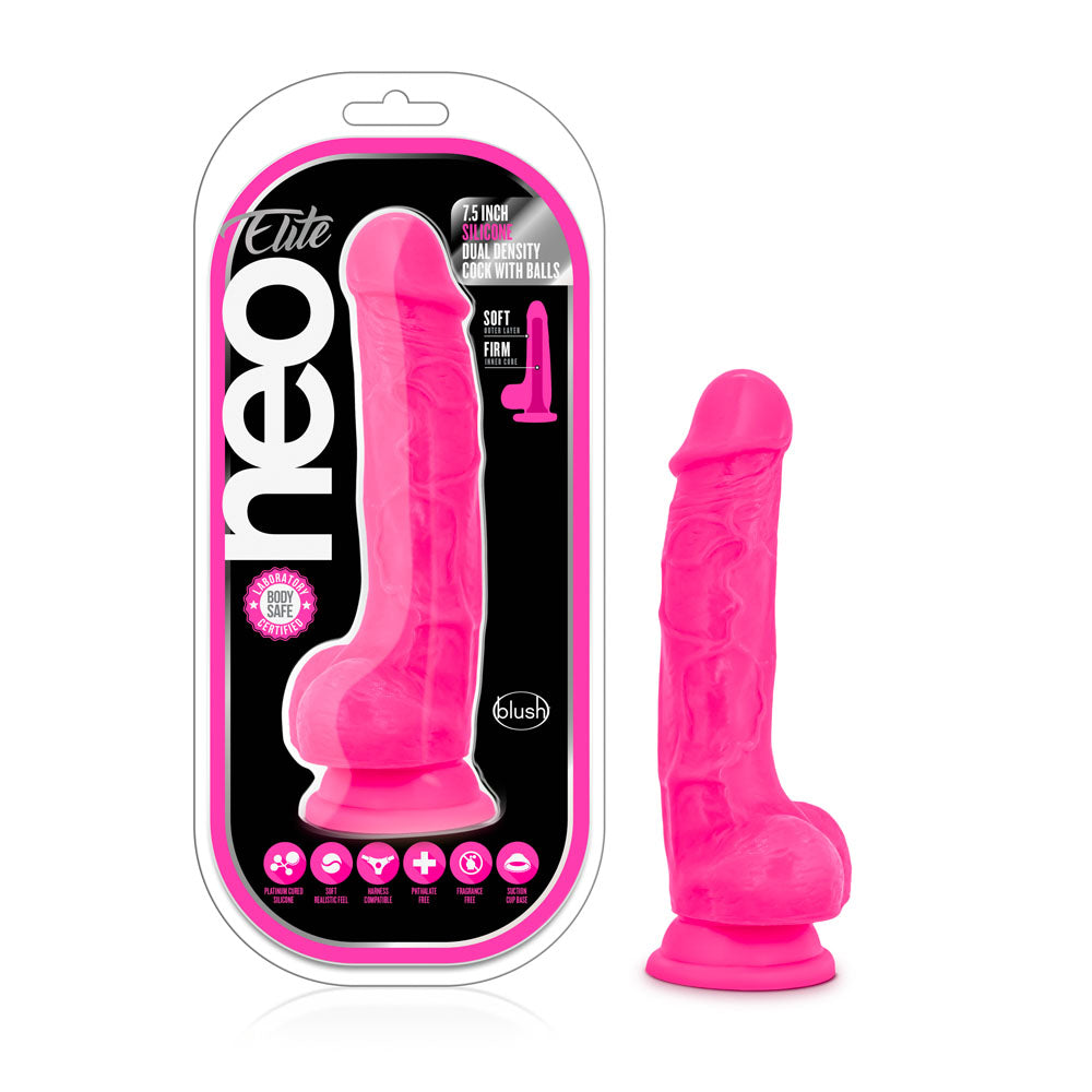 Neo Elite 7.5in Silicone Dual Density Cock Dildo W/ Balls Neon