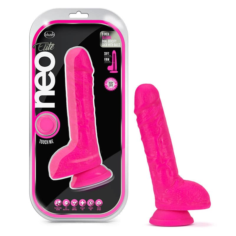 Neo Elite 9in Dual Density Cock W/ Balls Neon Pink