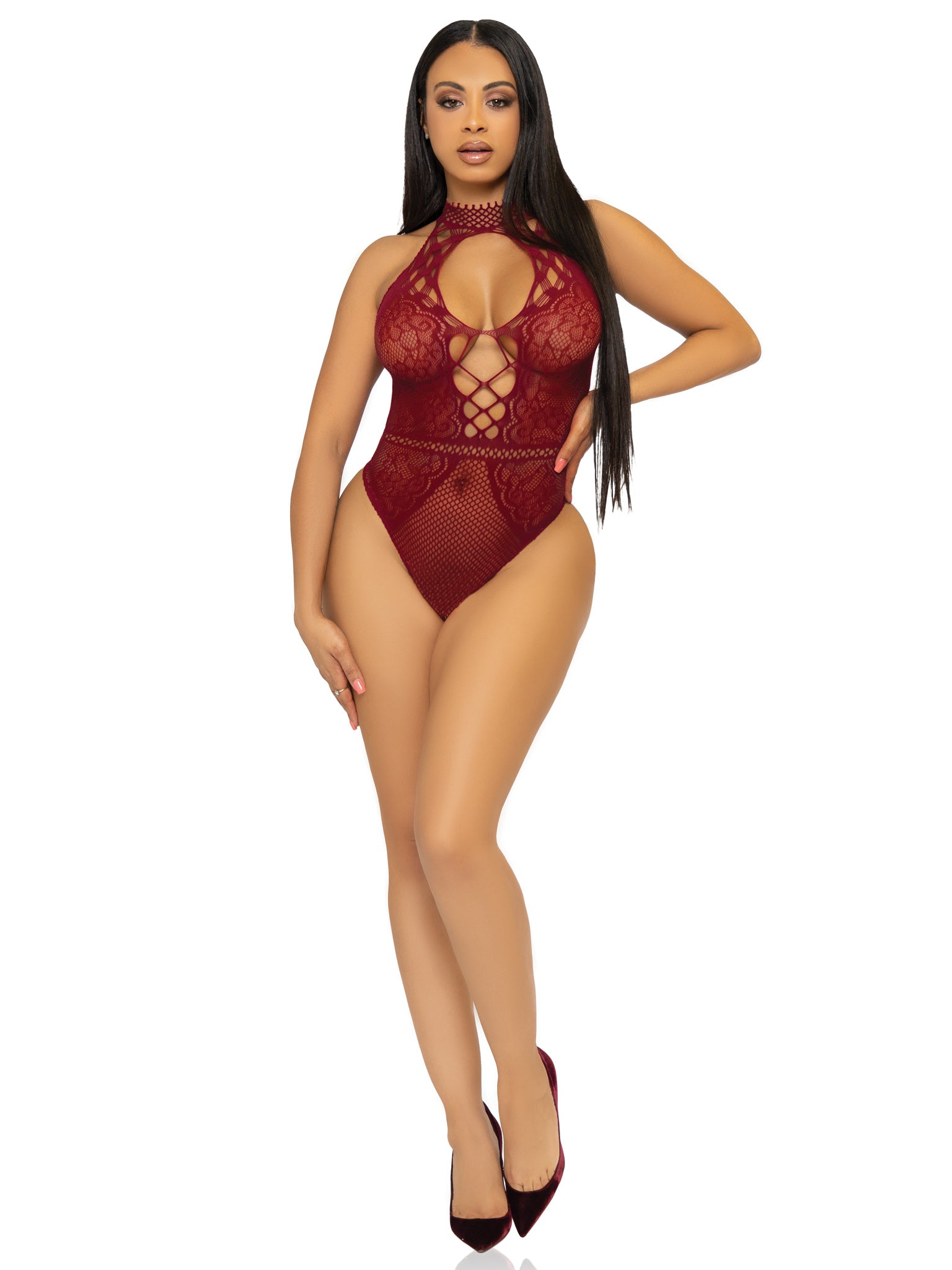 Net and Lace Keyhole Halter Bodysuit - One Size