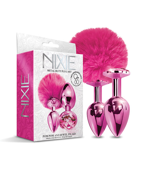 Nixie Metal Butt Plug Set Pom Pom & Jewel Metallic