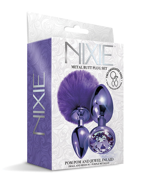 Nixie Metal Butt Plug Set Pom Pom & Jewel Metallic