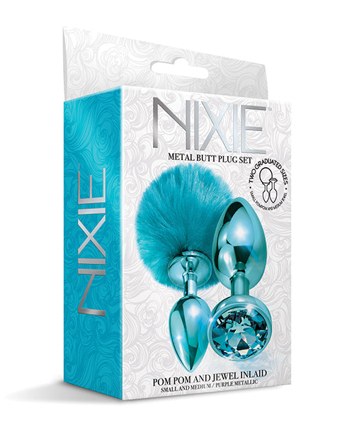 Nixie Metal Butt Plug Set Pom Pom & Jewel Metallic