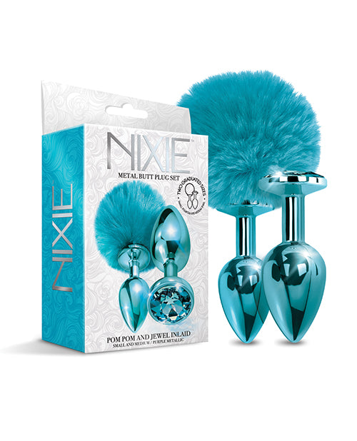 Nixie Metal Butt Plug Set Pom Pom & Jewel Metallic Blue Metallic