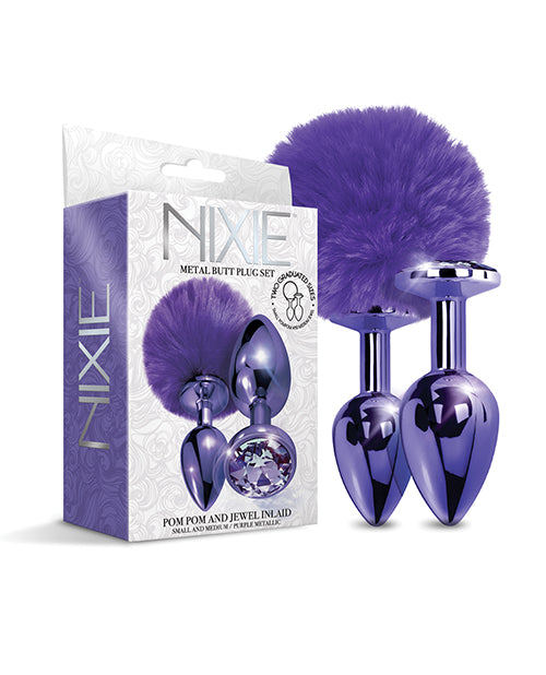 Nixie Metal Butt Plug Set Pom Pom & Jewel Metallic Purple Metallic