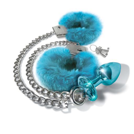 Nixie Metal Plug & Furry Cuff Set Metallic Blue