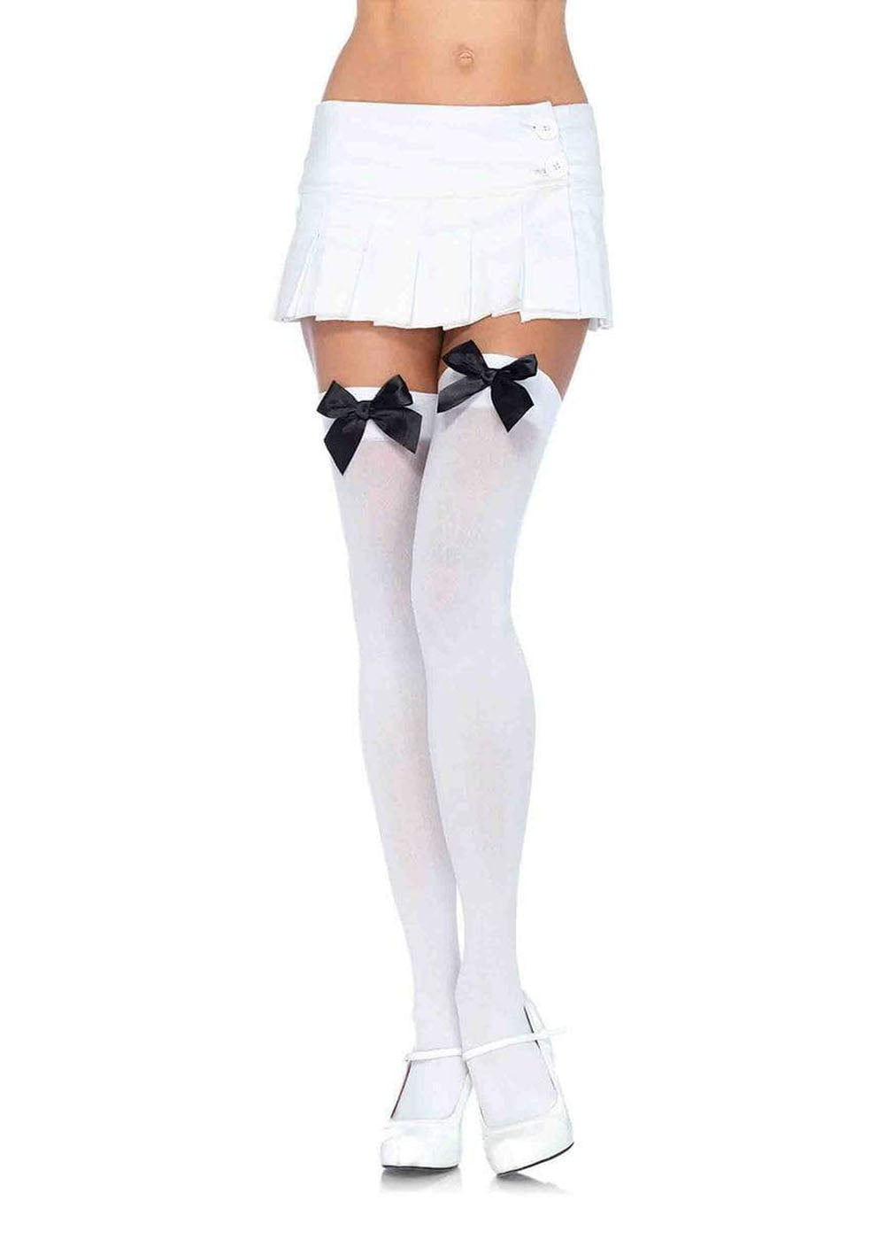 Nylon Thigh Highs With Bow - One Size - White / Black