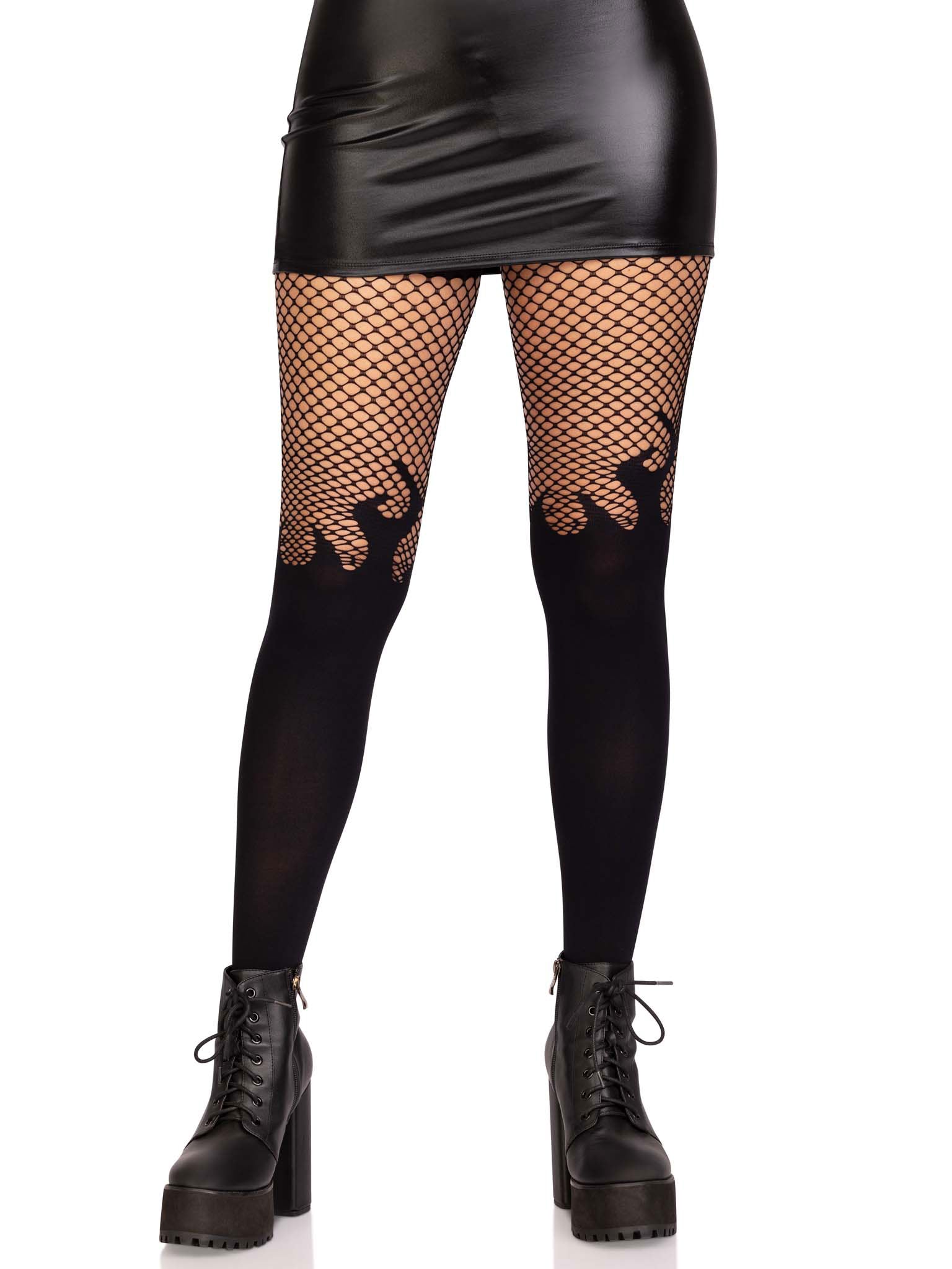 Opaque Flame Tights With Fishnet Top - One Size Black