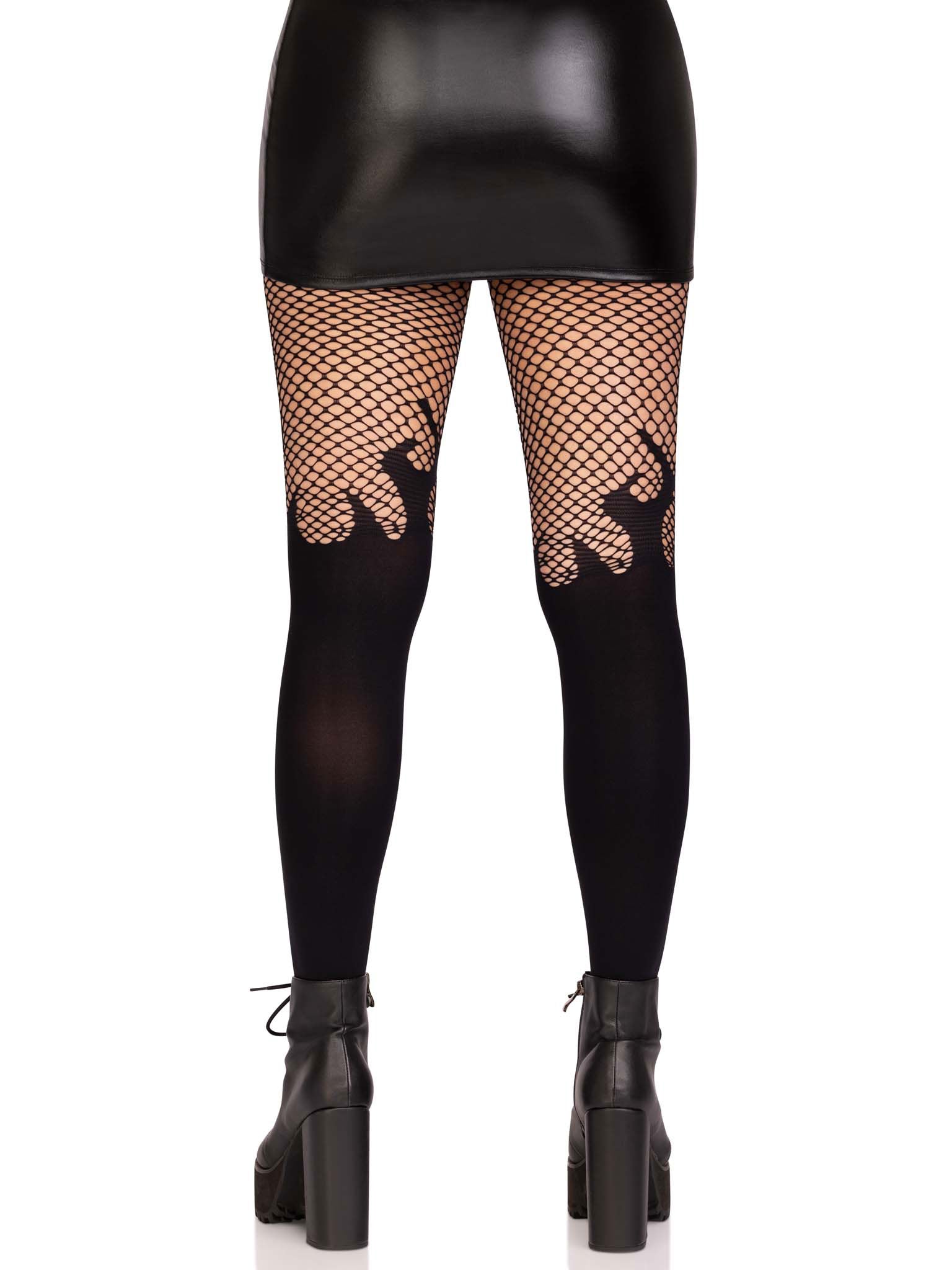 Opaque Flame Tights With Fishnet Top - One Size Black