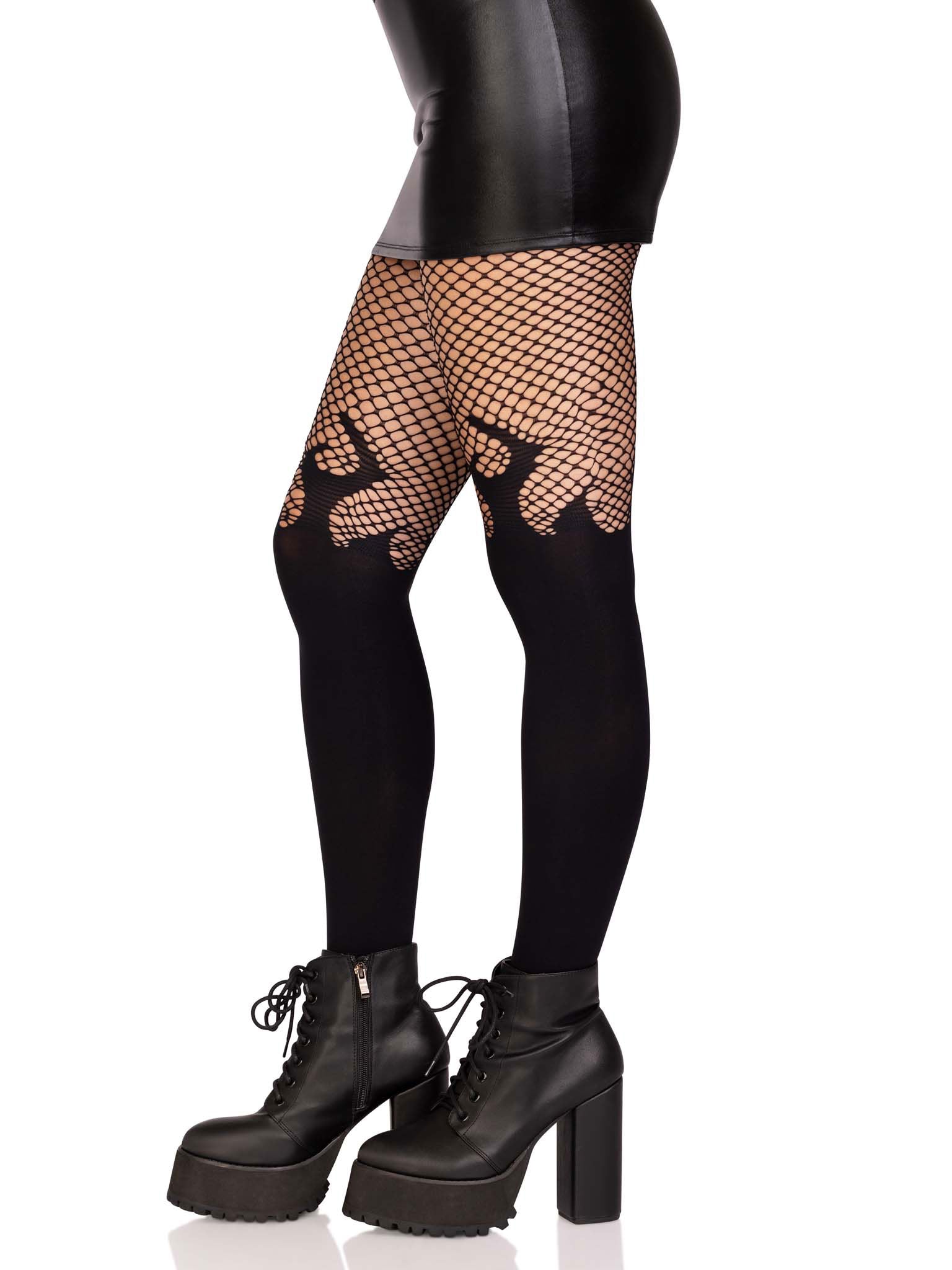 Opaque Flame Tights With Fishnet Top - One Size Black