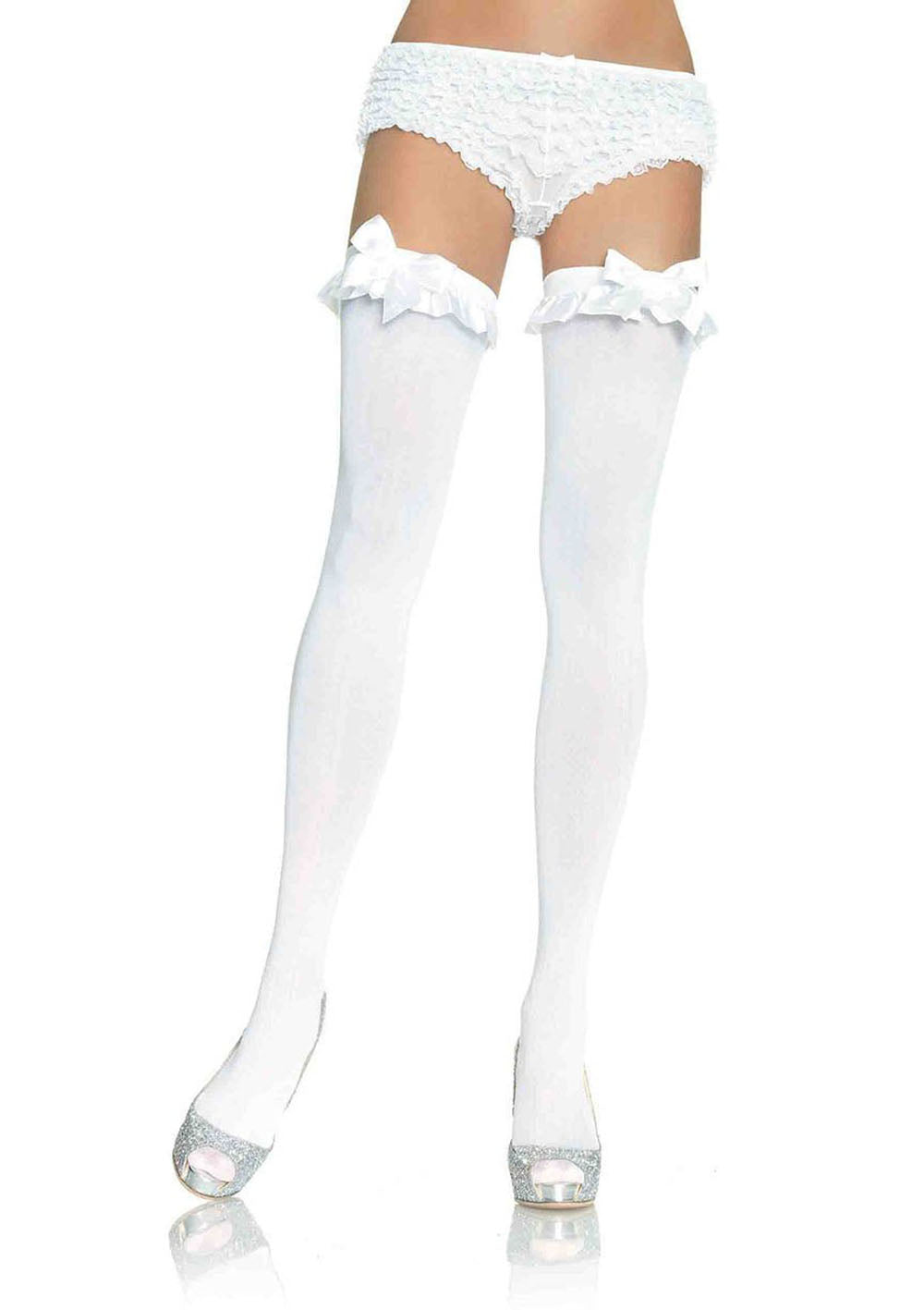 Opaque Thigh Highs With Satin Ruffle Trim and Bow - One Size. White