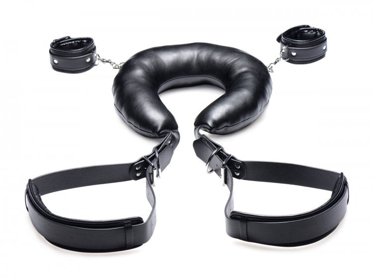 Padded Thigh Sex Sling in Black Faux Leather with Wrist Cuffs by Strict