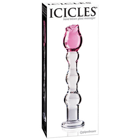 Pipedream Icicles No. 12 Beaded 7.75 in. Hand Blown Glass Massager in Rose Head Pink/Clear