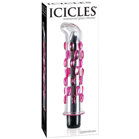 Pipedream Icicles No. 19 Curved Textured 7.5 in. Waterproof Glass Vibrator in Pink/Clear