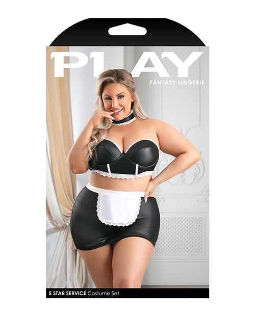 Play 5-star Service Wetlook Bustier, Open Back Skirt, G-string & Choker Black/white