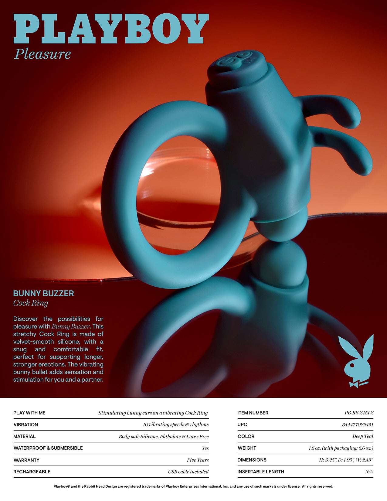 Playboy Pleasure Bunny Buzzer Cock Ring - Deep Teal