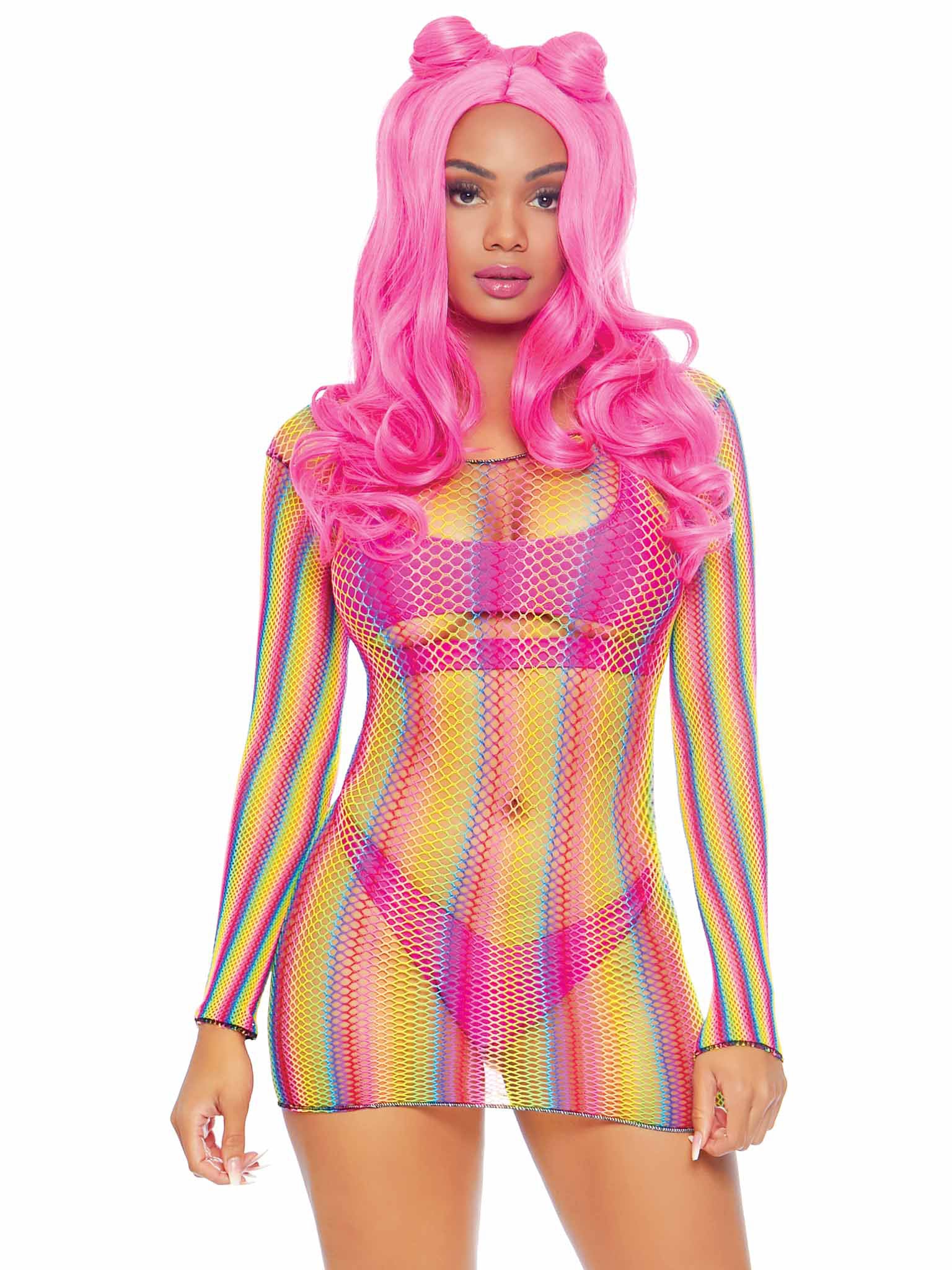 Rainbow Fishnet Long Sleeved Mini Dress - One Size - Rainbow