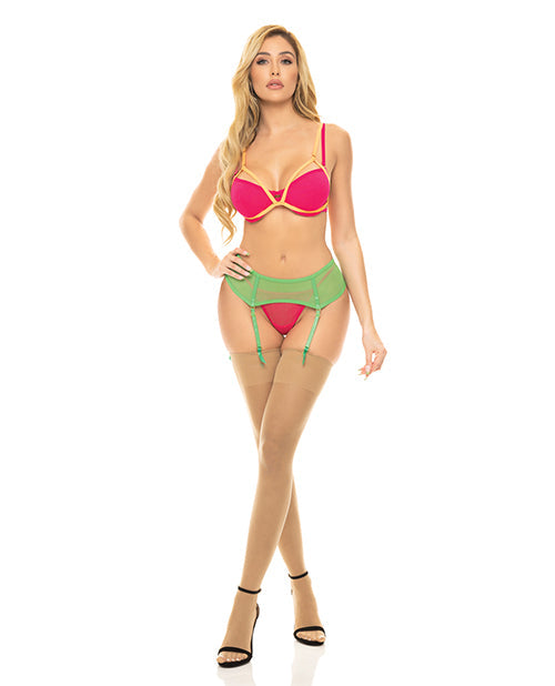 Rene Rofe Pink Lipstick Come To Me Bra, Garter Belt & G-string Neon / Medium/Large