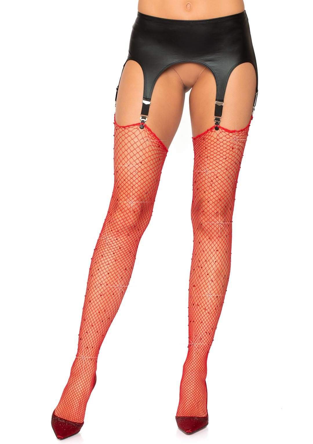 Rhinestone Fishnet Stockings - One Size Red