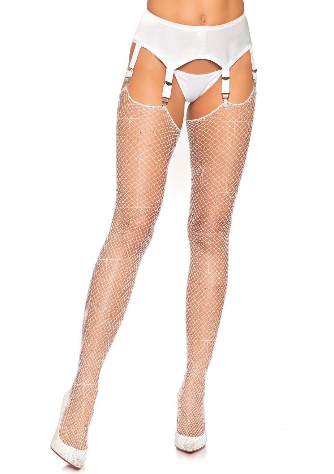 Rhinestone Fishnet Stockings - One Size White