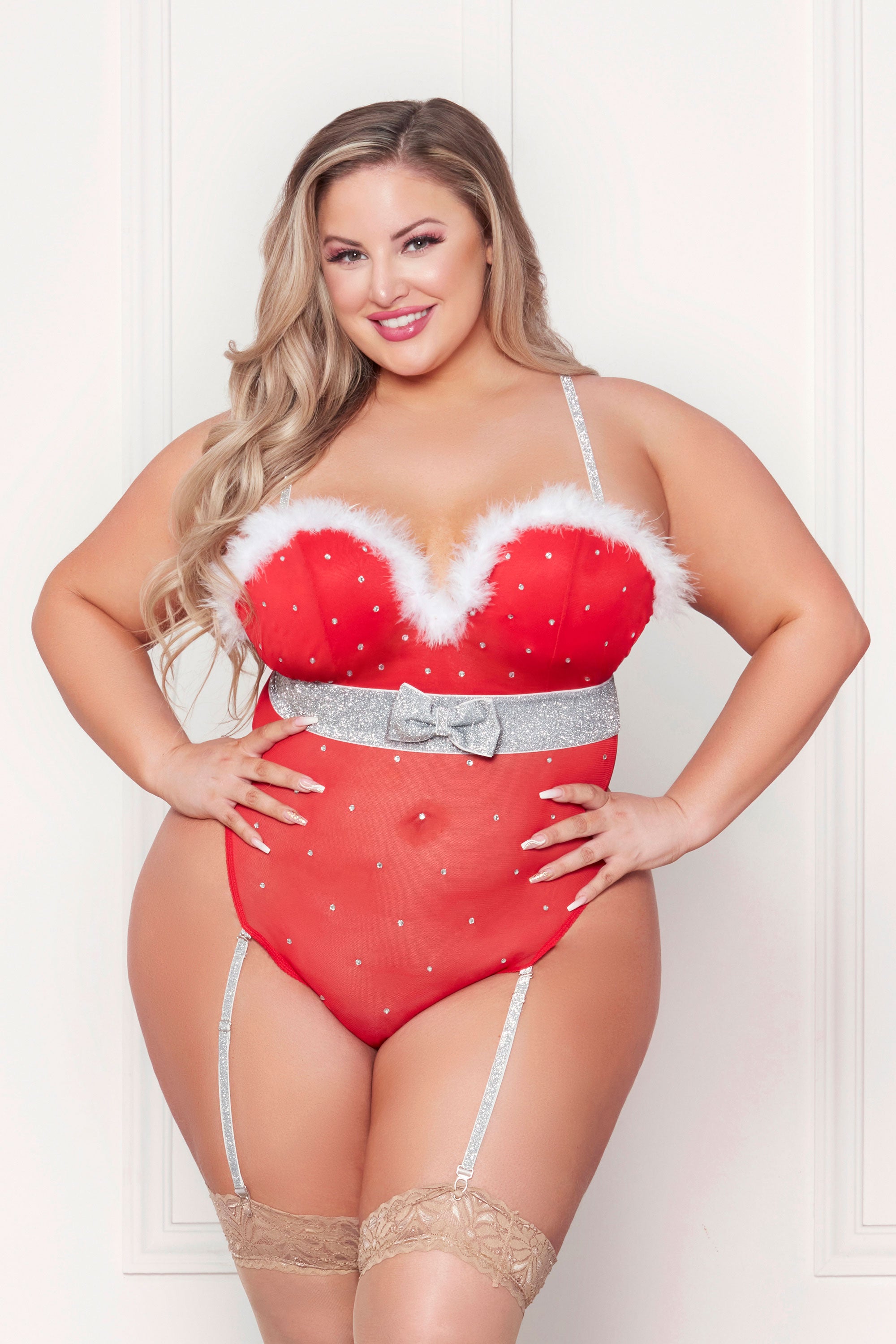 Rhinestone Studded Mesh Teddy With Marabou Trim - Red 1x/2x