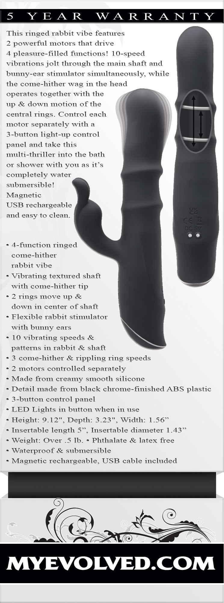 Ringmaster Rechargeable Ringed Rabbit Vibrator - Black