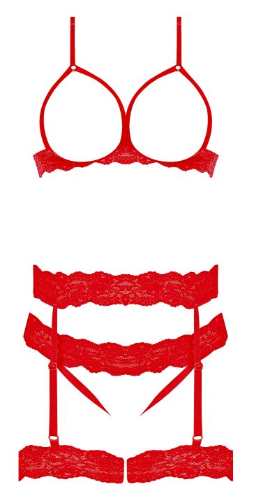 Risque Business Cupless Bra, Garter & Crotchless Panty Red