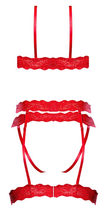 Risque Business Cupless Bra, Garter & Crotchless Panty Red Red / S/M