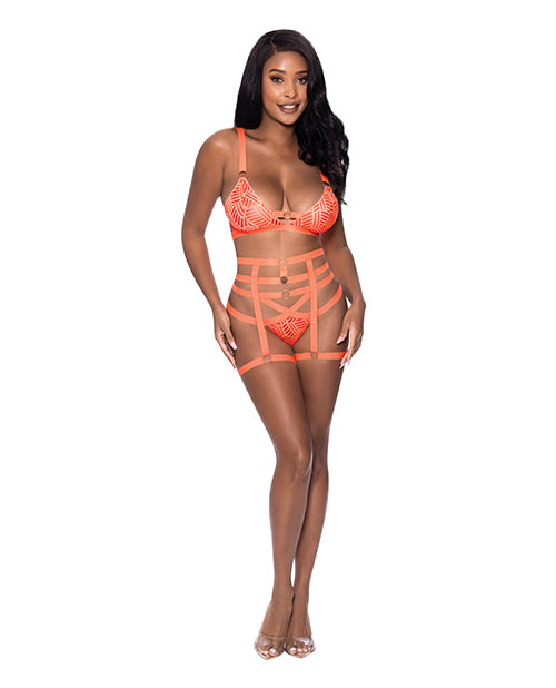 Rude Awakening Bralette, Thigh High Garter & Cheeky Panty Orange Small/Medium