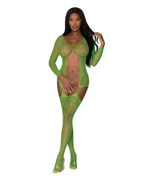 Seamless Fishnet Gartered Catsuit O/s Lime