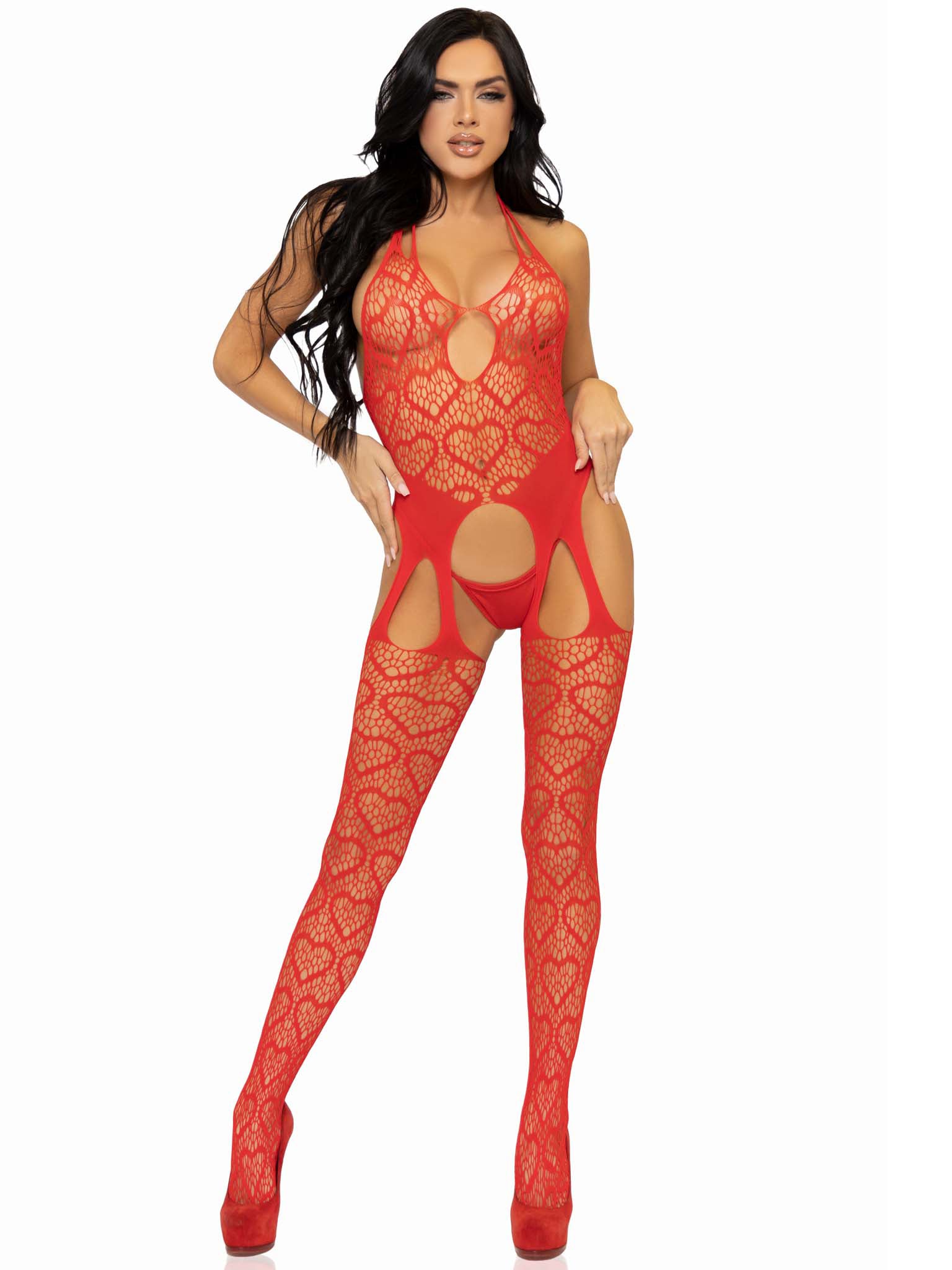 Seamless Heart Net Suspender Bodystocking - One Size Red